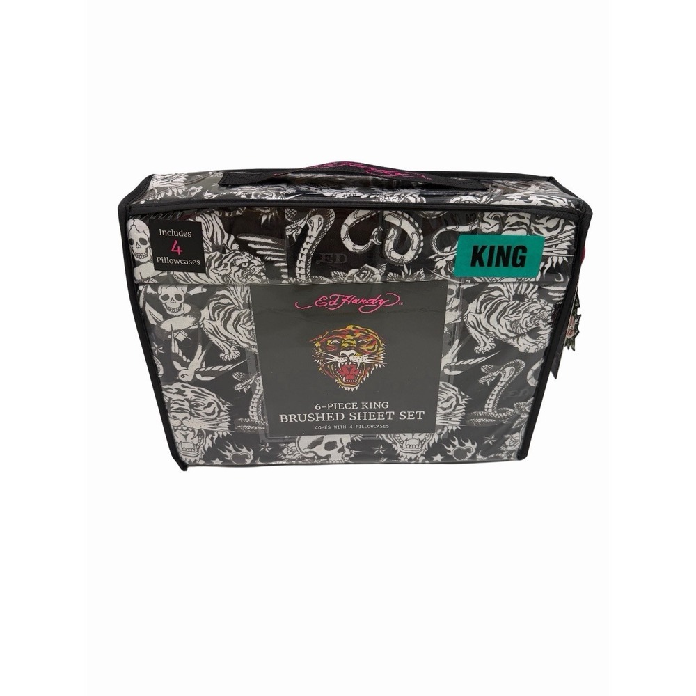 Ed Hardy Tiger Skull Snake Black White 6 Piece King Sheet Set NWT